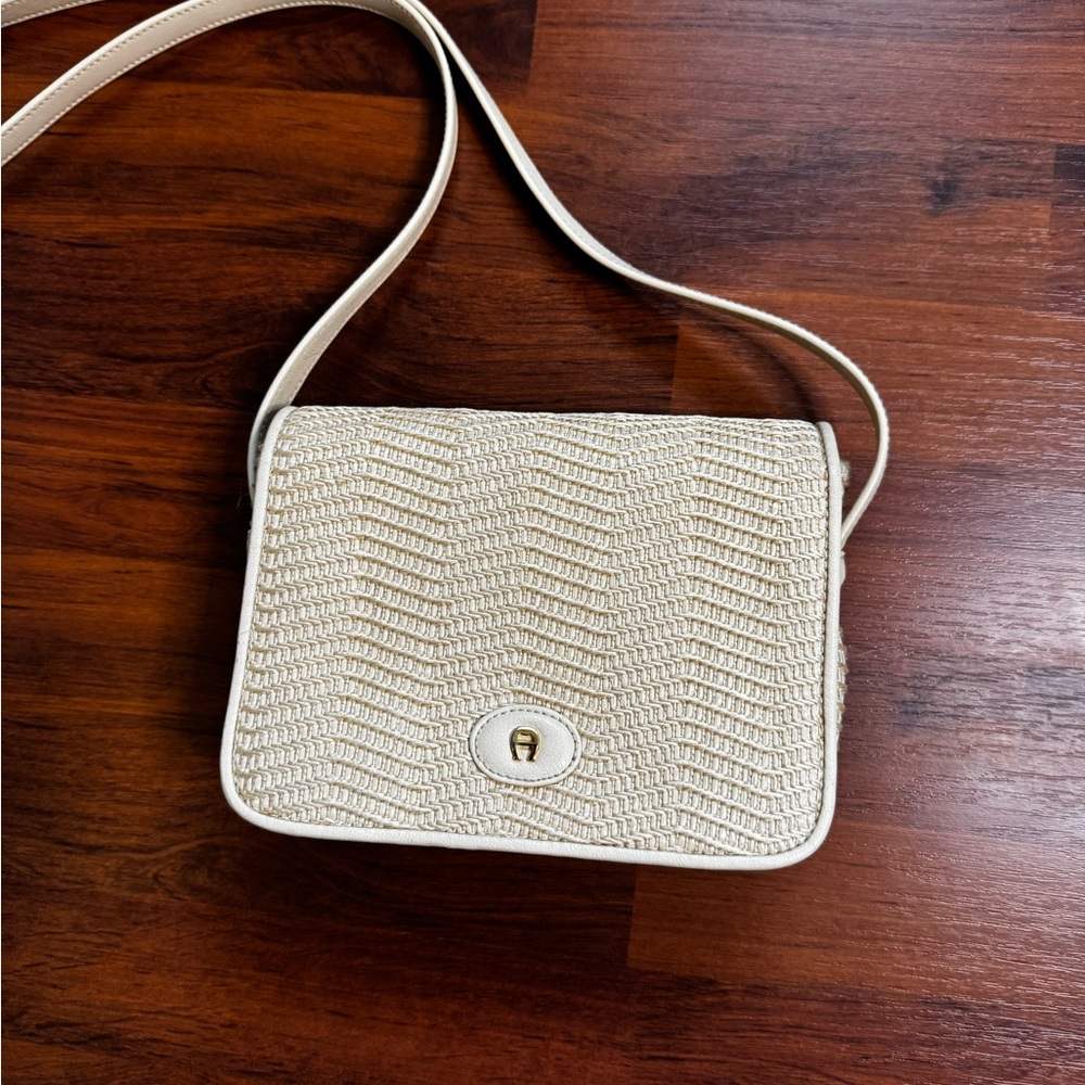 Vintage Etienne Aigner Cream Woven Crossbody Bag With Built In Wallet Organizer